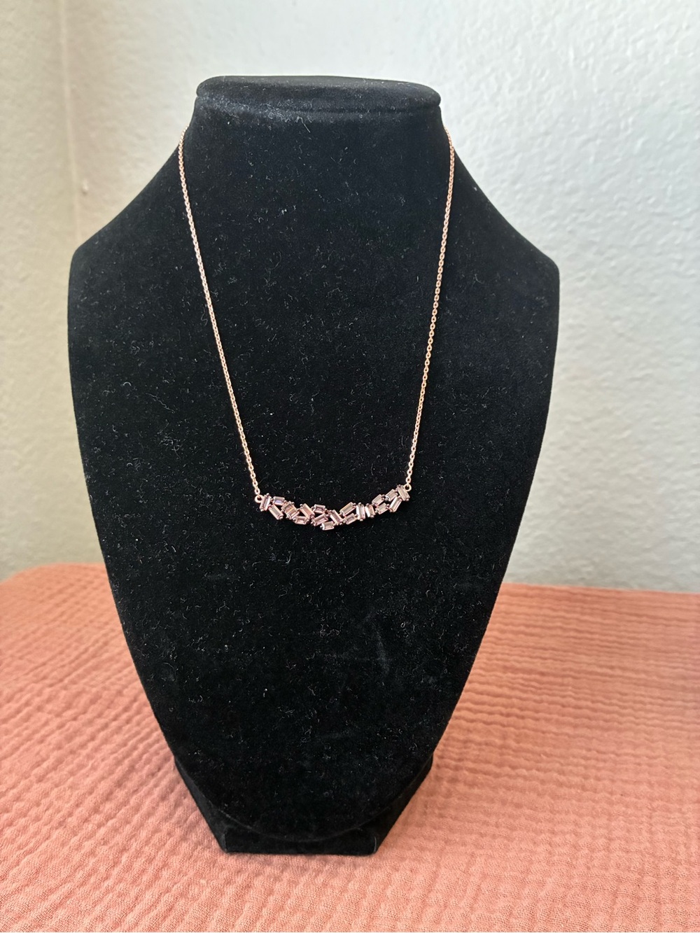 925 Sterling Silver Rose Gold Crystal Bar Necklace 16”-18”